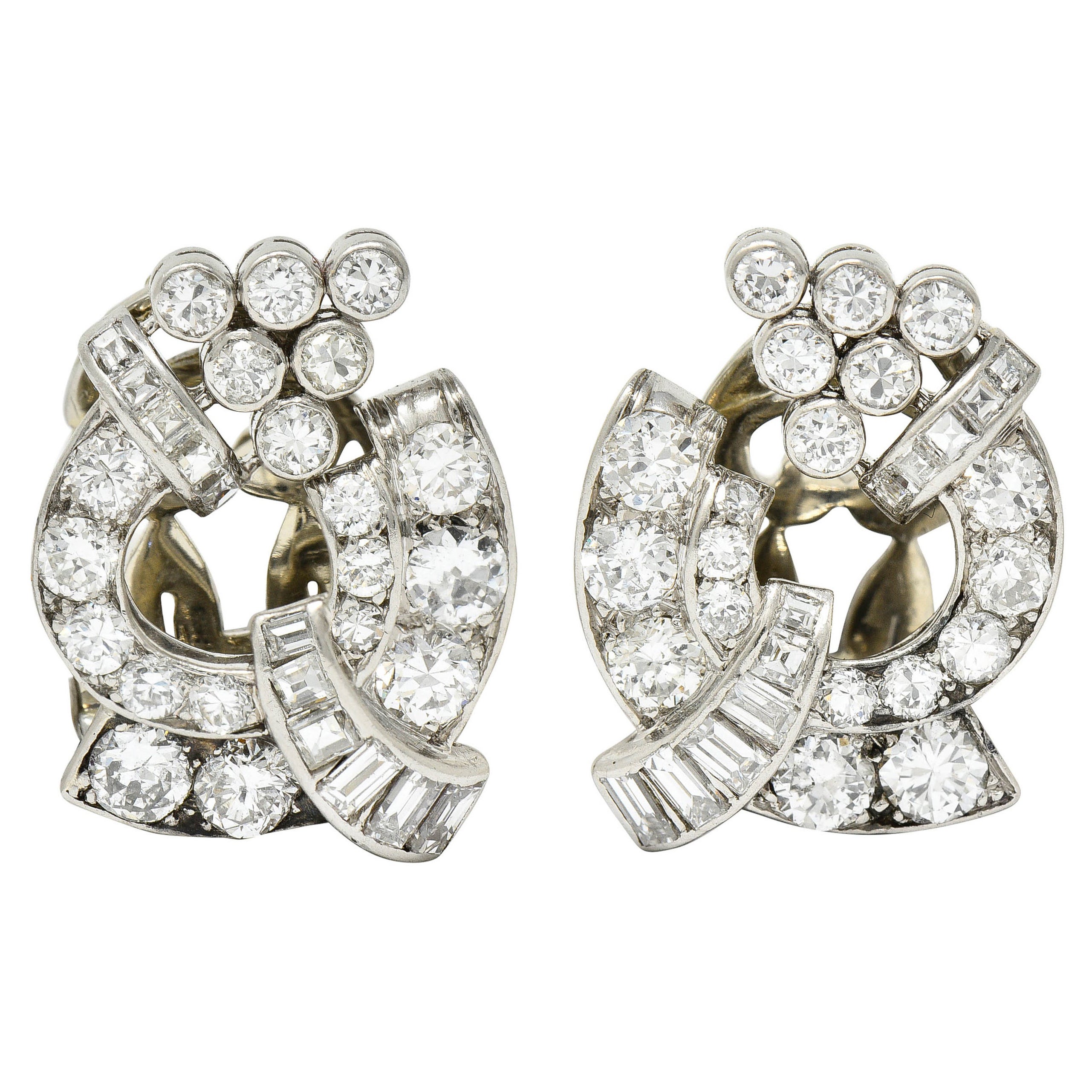 1950's Mid-Century 3.07 Carats Diamond Platinum Ear-Clip Earrings