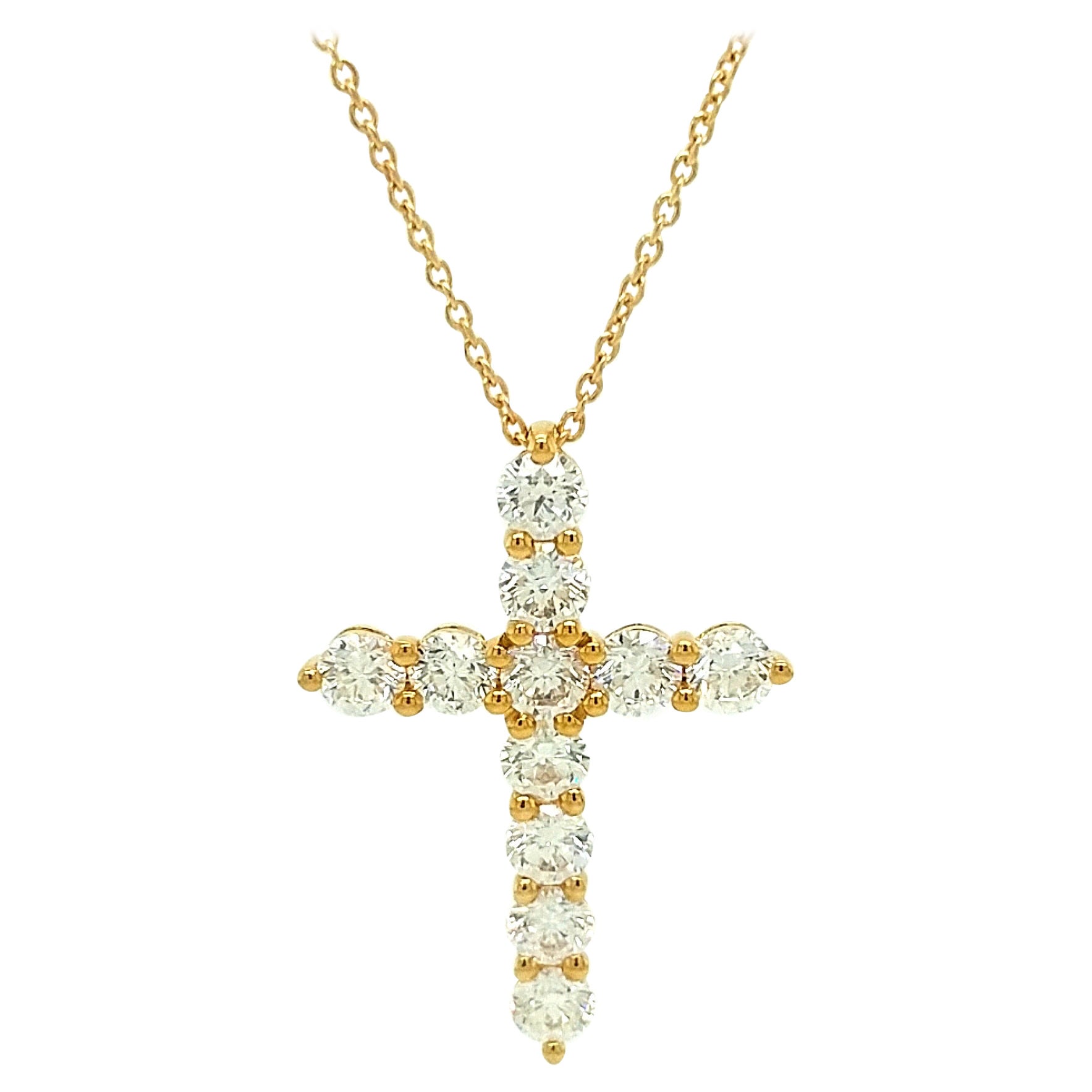 14Kt Yellow Gold 2.00ct Diamond Cross Pendant Necklace For Sale
