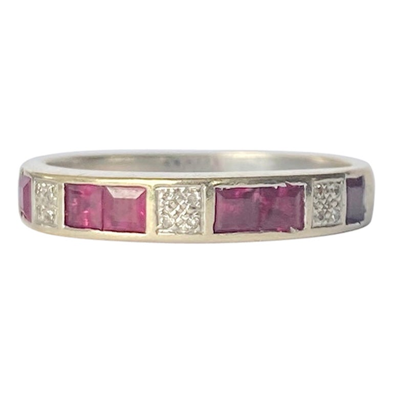 Vintage Ruby and Diamond 18 Carat White Gold Half Eternity Ring For Sale