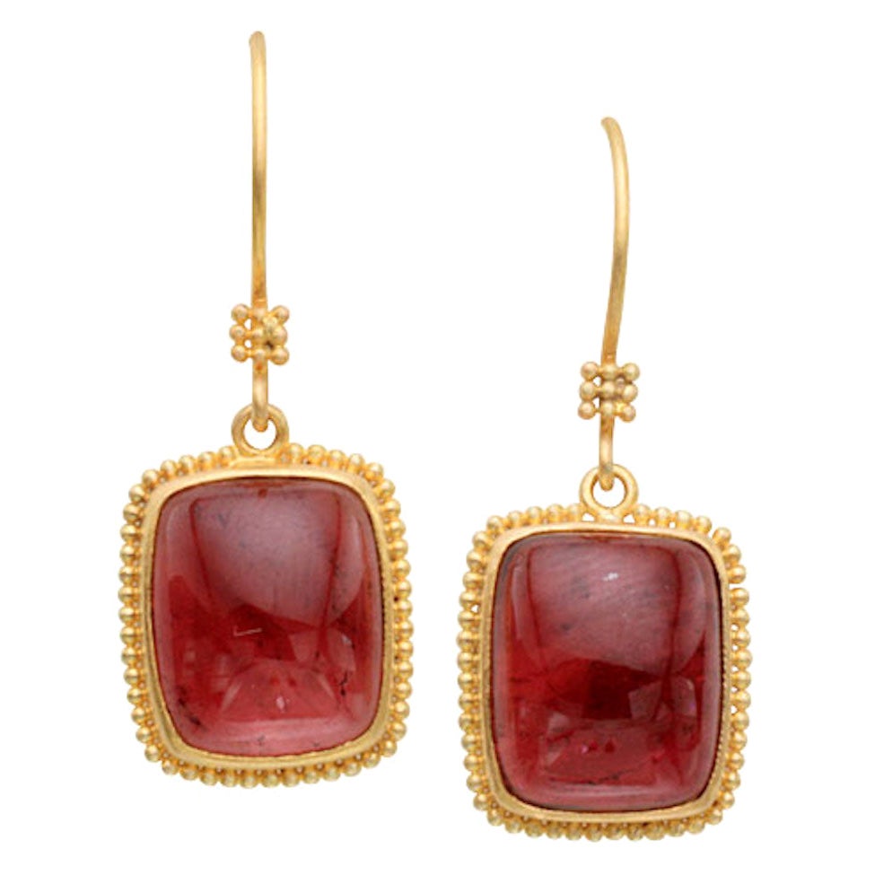 Steven Battelle 12.4 Carats Pink Tourmaline Cabochon 22K Gold Drop Earrings