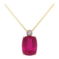 8.59 Carat Cushion Rubelite Tourmaline and Diamond Gold Pendant Necklace