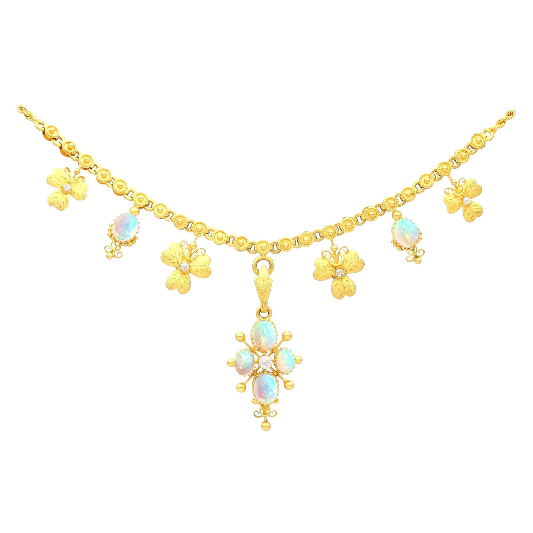 Antique 3.45 Carat Opal and Diamond 22k Yellow Gold Necklace, Circa 1890 For Sale