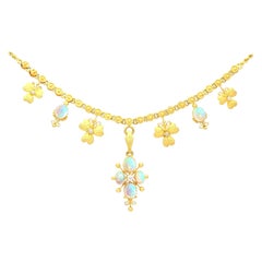 Antique 3.45 Carat Opal and Diamond 22k Yellow Gold Necklace, Circa 1890