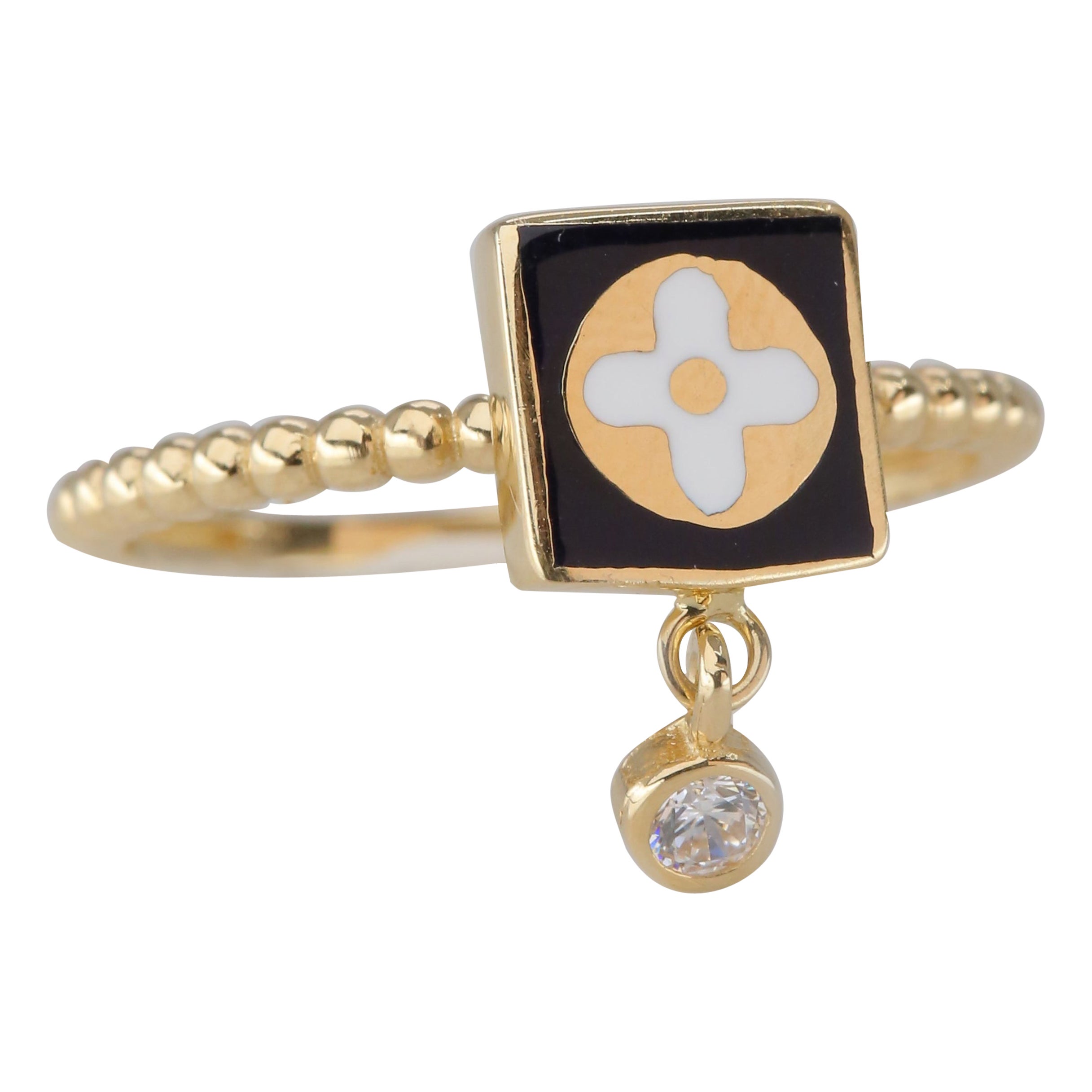 Dainty Zircon Enameled and Lapis Ring, 14K Gold, Minimalist Style Ring