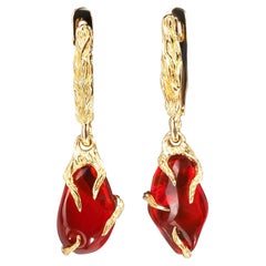 Fire Opal Yellow Gold Earrings Fiery Red Poppy Flower Art Nouveau Style Jewelry