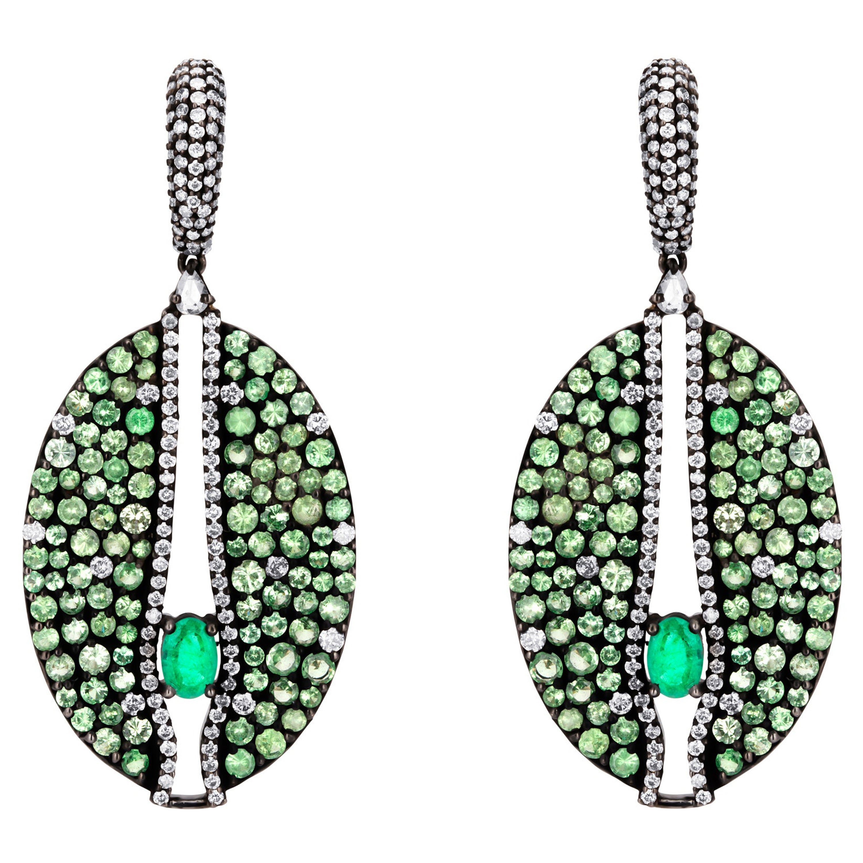 Emerald and Tsavorite Victorian Dangle Earrings with Diamond