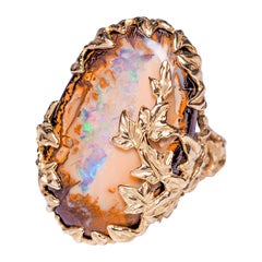 Boulder Opal Ivy Gold Ring Australian Gemstone Peach Color Statement Jewelry