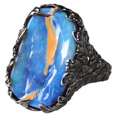 Boulder Opal Ivy Black Gold Ring Bright Blue Opalscent Gemstone Kingfisher Bird