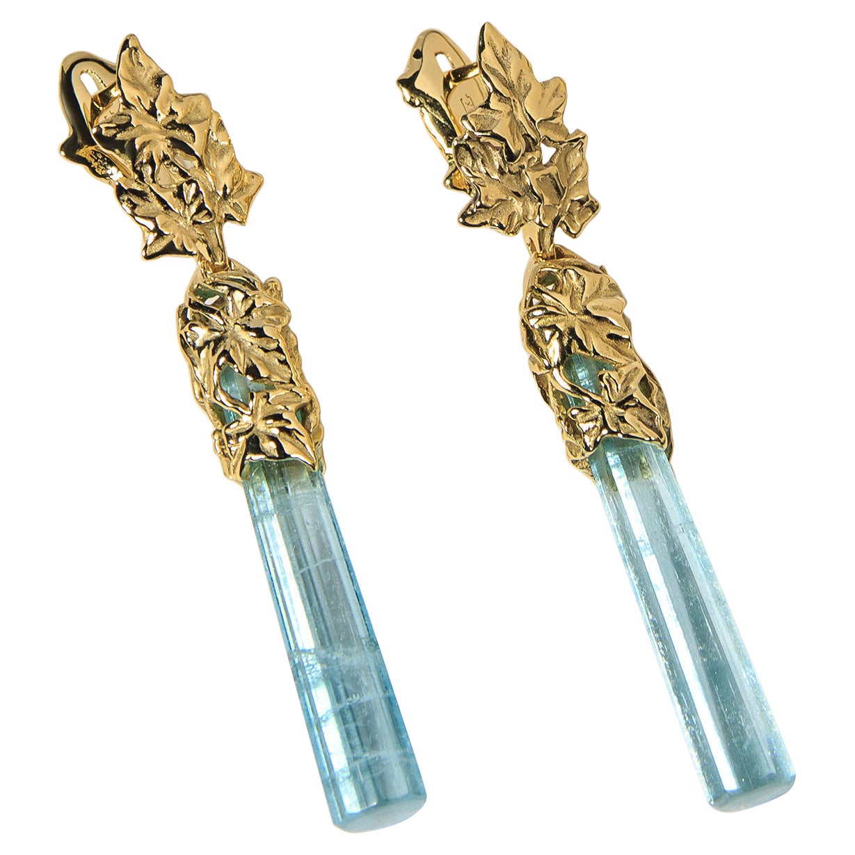 Lange Aquamarin-Ohrringe in Gold mit Efeu im griechischen Göttin-Stil Blauer Beryll