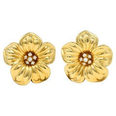 Large Van Cleef & Arpels French Diamond 18 Karat Gold Magnolia Ear-Clip Earrings