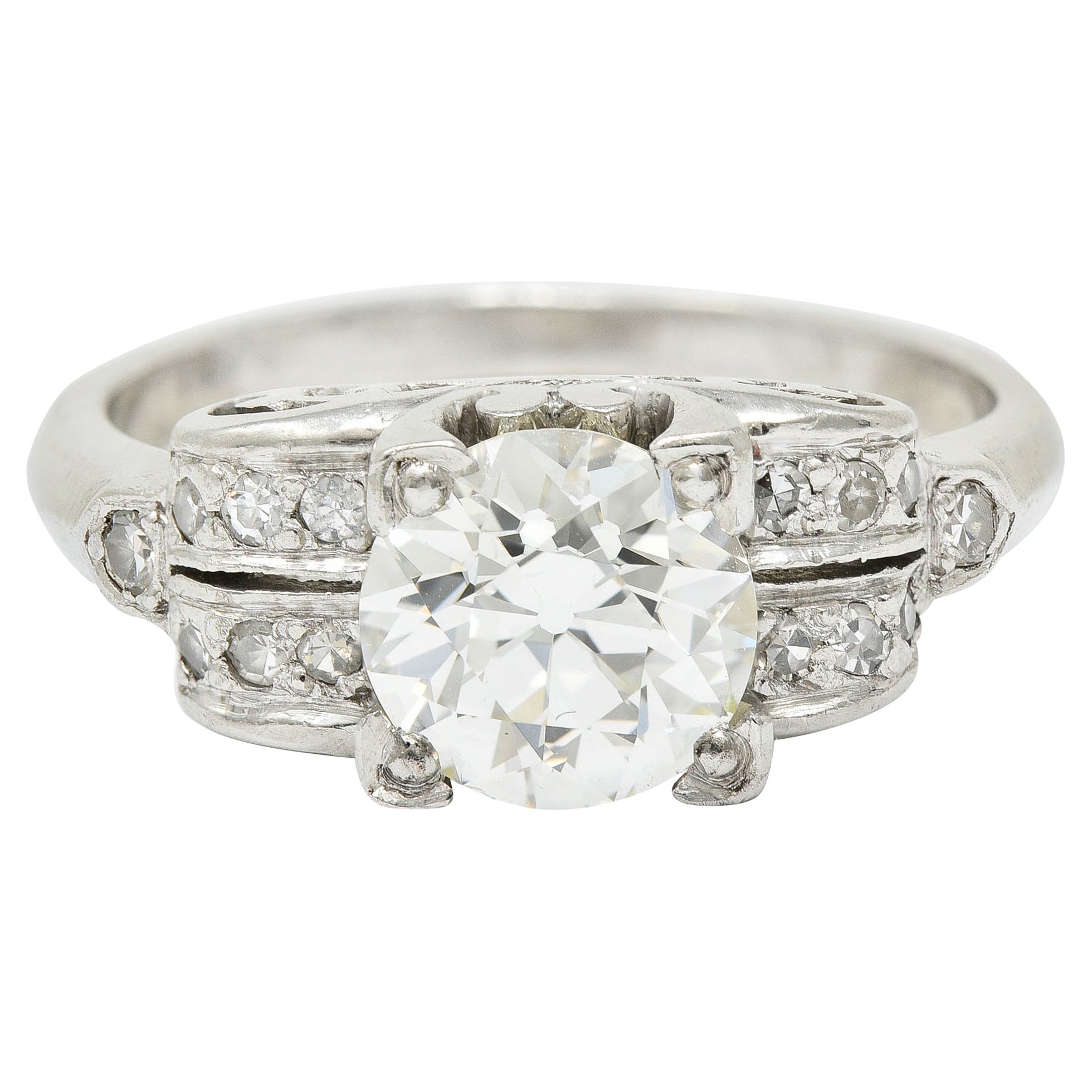 Art Deco 1.95 CTW Diamond Platinum Scrolled Shoulder Engagement Ring GIA For Sale
