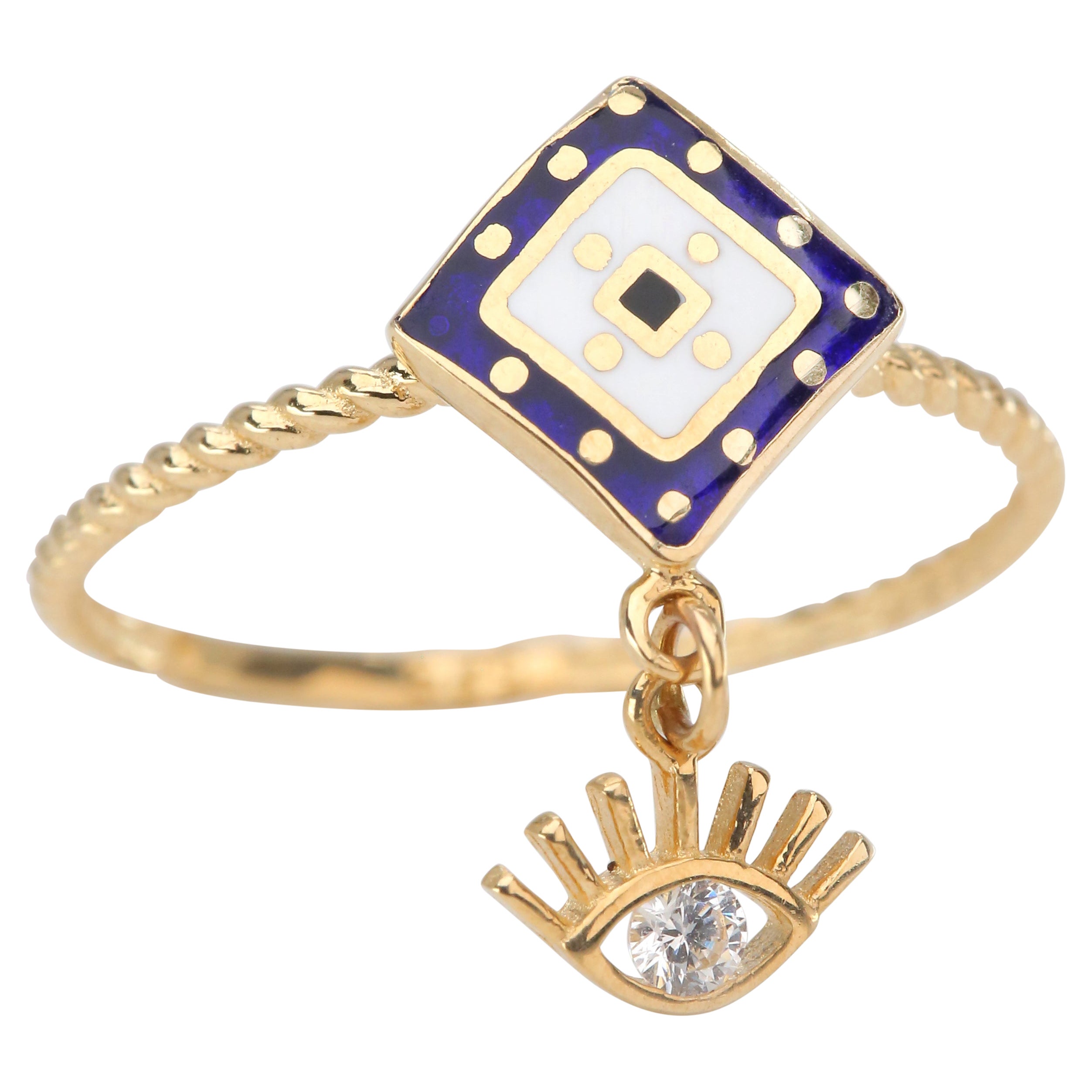 14K Gold Dainty Cable Ring with Eye Pendant and Lapis Enameled