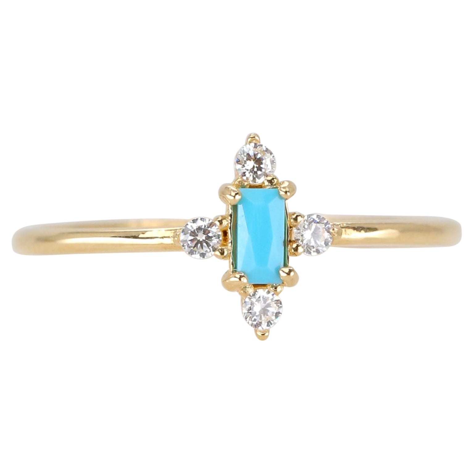 14K Gold Dainty Turquoise and Zircon Ring