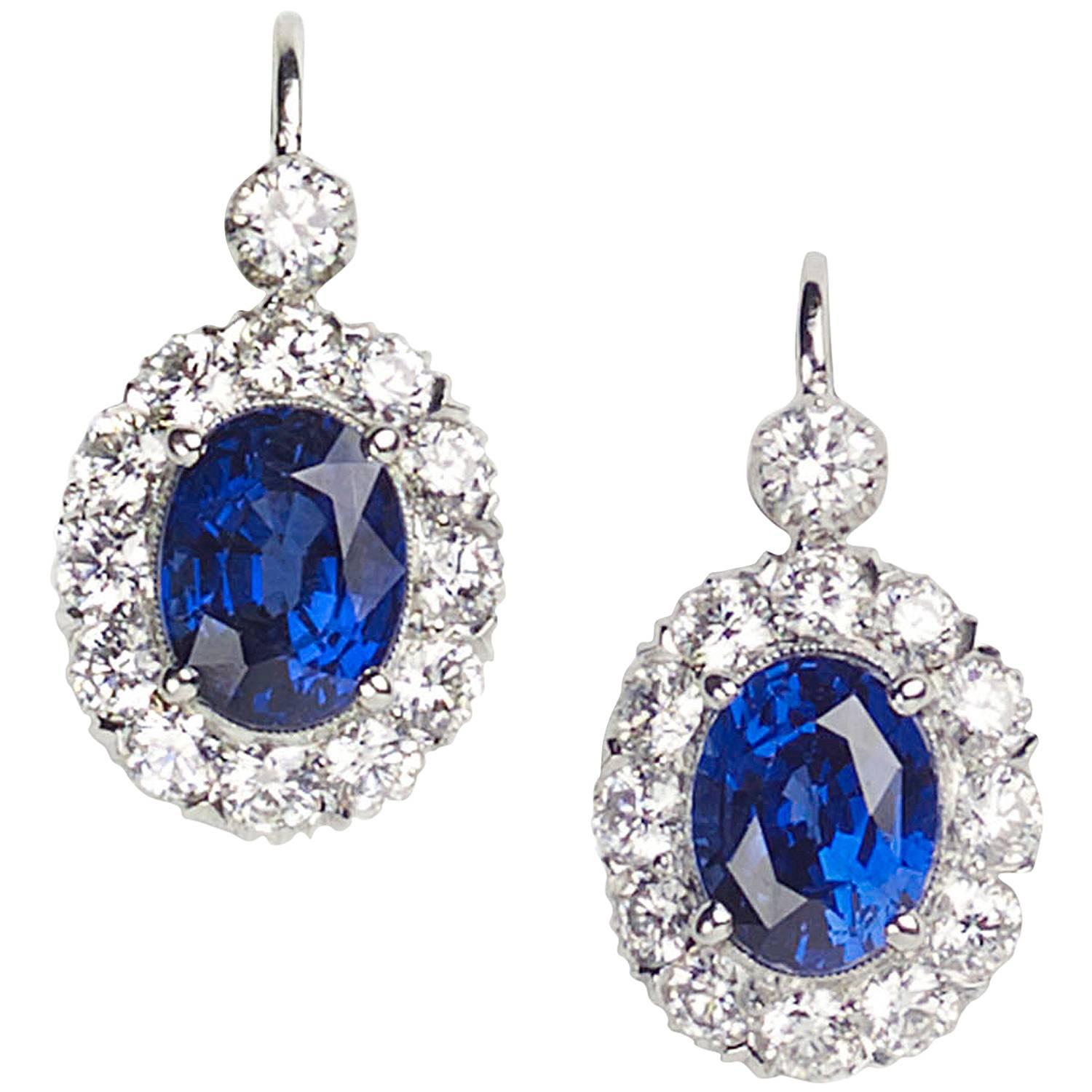 Oval Royal Blue Sapphire Diamond Cluster Earrings