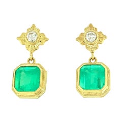5.09 Carat Total Emerald and Diamond Bezel Yellow Gold Earrings Drop Earrings
