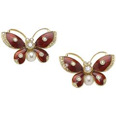 Red Enamel Pearl Diamond Gold Butterfly Earrings 7