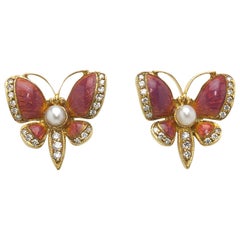 Pink Enamel Pearl Diamond Gold Butterfly Earrings