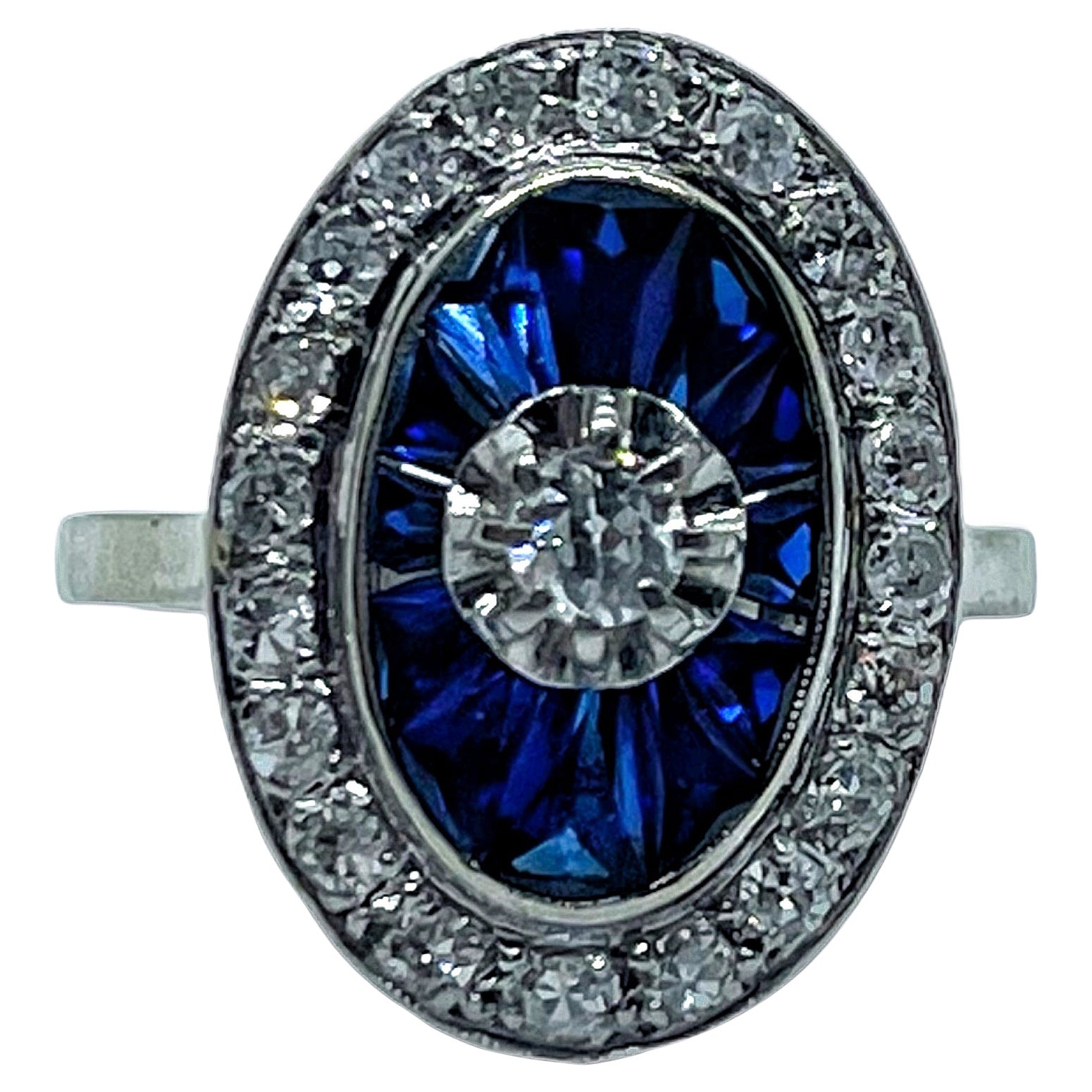 Art Deco Diamond Ceylon Sapphires Ring White Gold 18 Karat