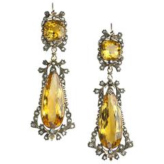 Antique Citrine Diamond Silver Gold Drop Earrings