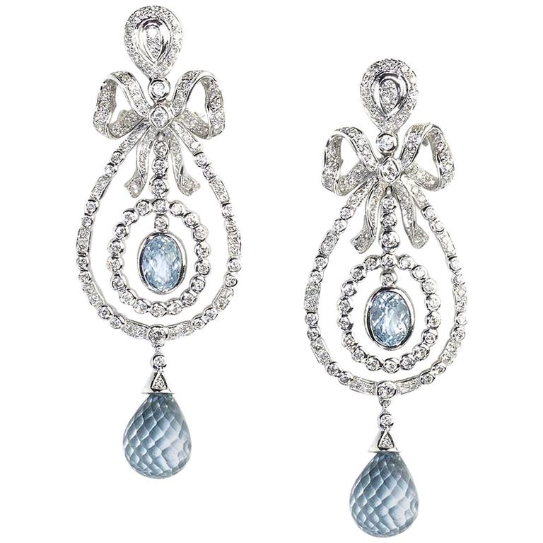 Blue Topaz Diamond Gold Drop Earrings For Sale