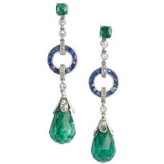 Antique Edwardian Emerald Sapphire Diamond Platinum Drop Earrings