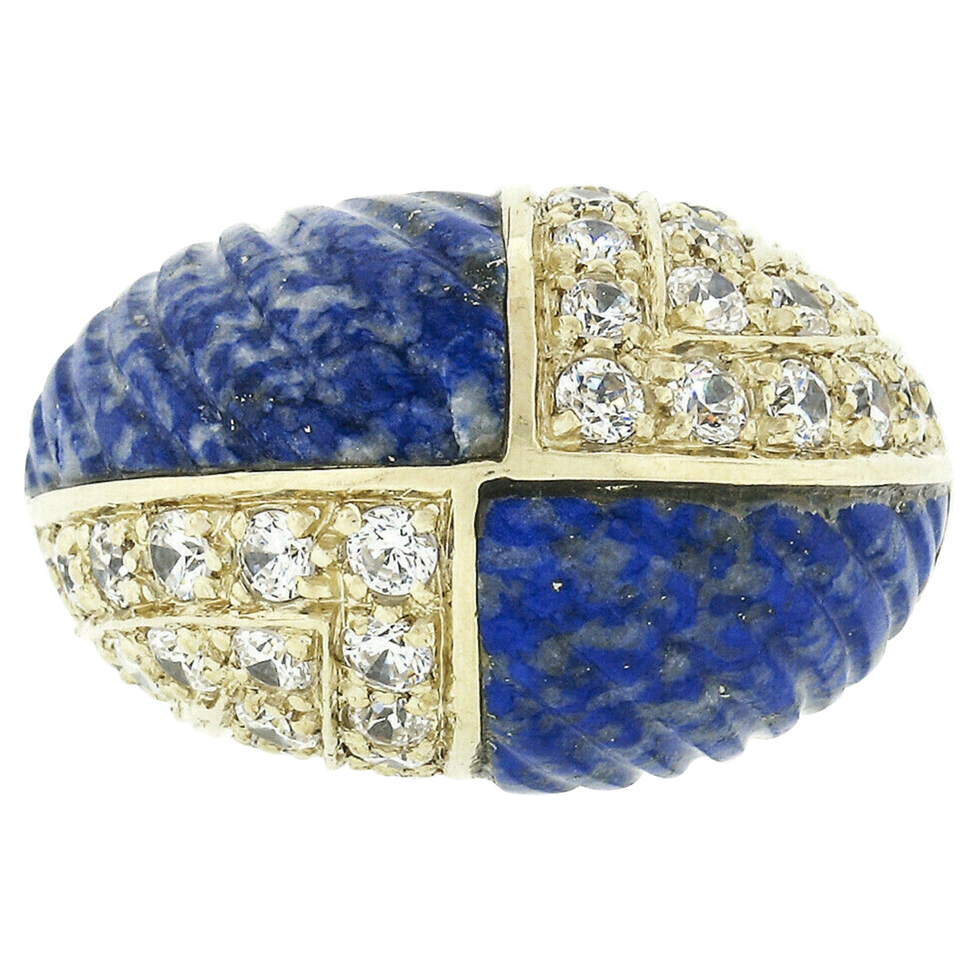 Vintage 18k Gold 1.92ctw Carved Lapis & Round Diamond 4 Section Dome Bombe Ring For Sale