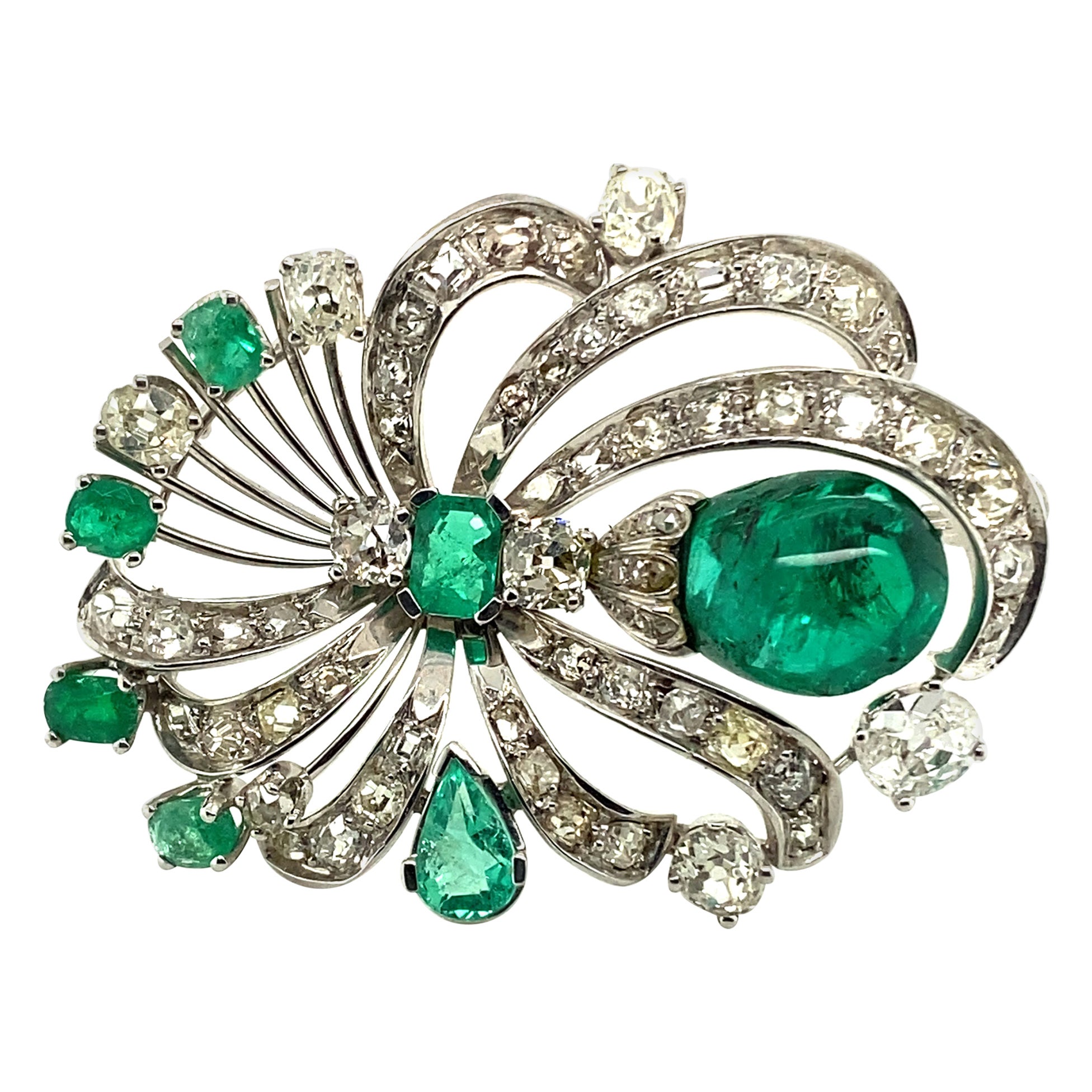 Emerald and Diamond Pendant/Brooch in 18 Karat White Gold
