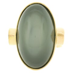 Vintage 22K Gold Large GIA Oval Cabochon Bezel Cat's Eye Moonstone Trillion Peridot Ring