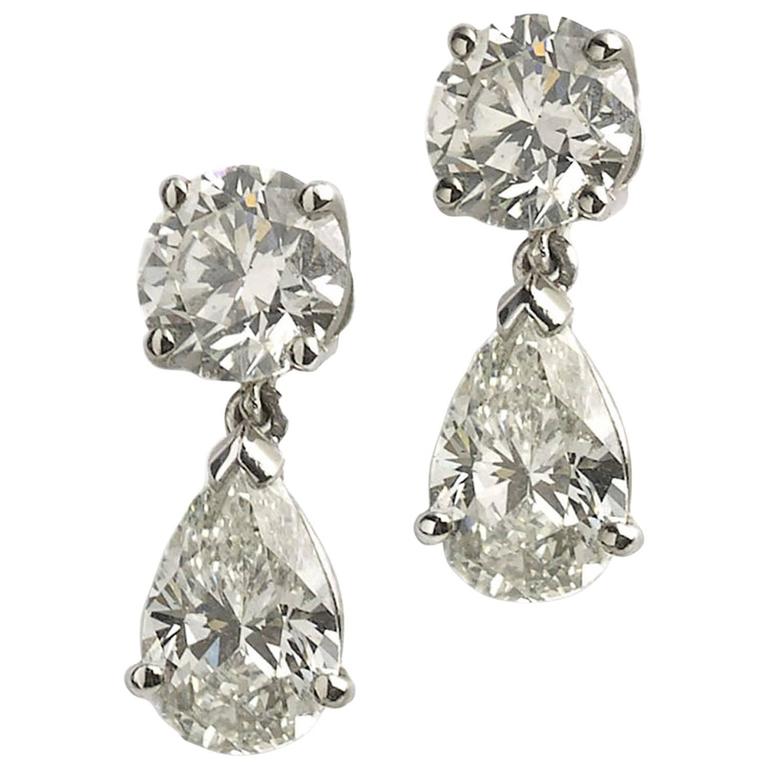 Pear Shaped Diamond Platinum Drop Earrings at 1stDibs