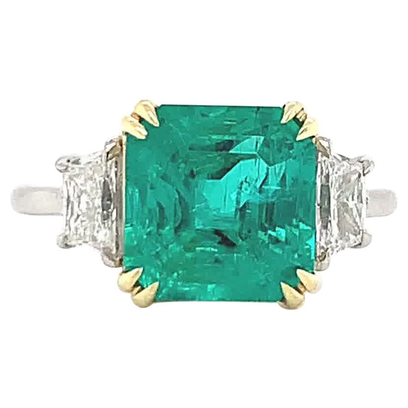 AGL 3.48 Carat Emerald Diamond Platinum & Yellow Gold Ring