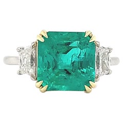 AGL 3.48 Carat Emerald Diamond Platinum & Yellow Gold Ring