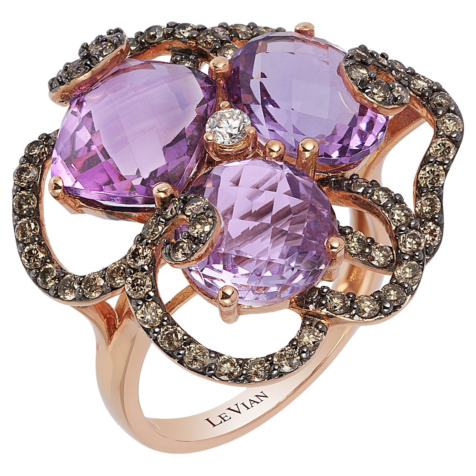 LeVian Bague élégante et fantaisie en or rose 14 carats avec améthyste ronde et diamants bruns chocolat