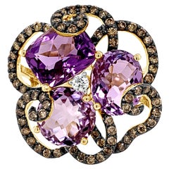 LeVian 14K Yellow Gold Amethyst Brown Round Diamond Classy Flower Cocktail Ring