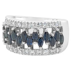 LeVian 14K White Gold Blue Sapphire & Diamond Multi Row Classic Cocktail Ring