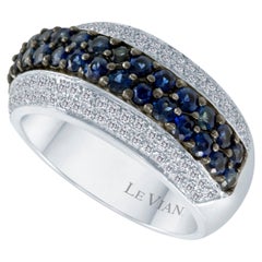 LeVian 14K White Gold Sapphire Round Diamond Beautiful Multi-Row Cocktail Ring