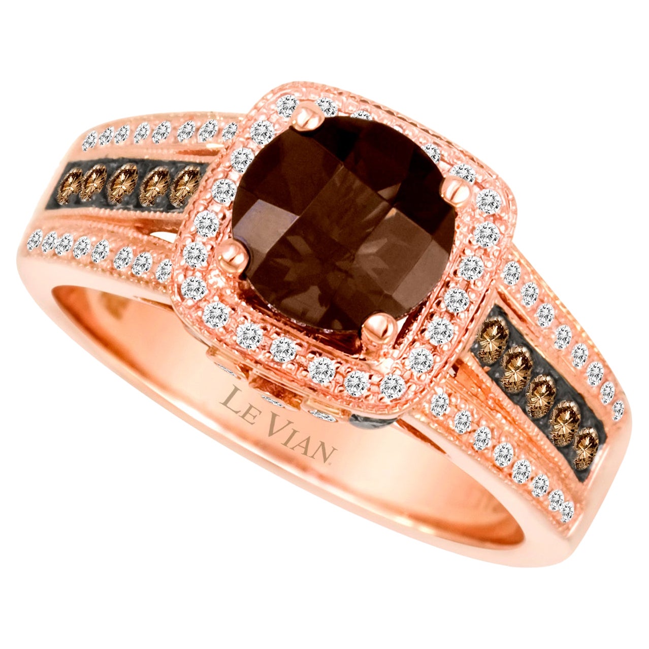 LeVian 14K Rose Gold Smoky Quartz Chocolate Brown Diamond Cocktail Halo Ring For Sale
