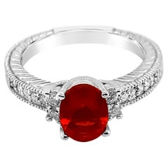 LeVian 14K Red Fire Opal Gemstone Round Diamond Classic Beautiful Cocktail Ring