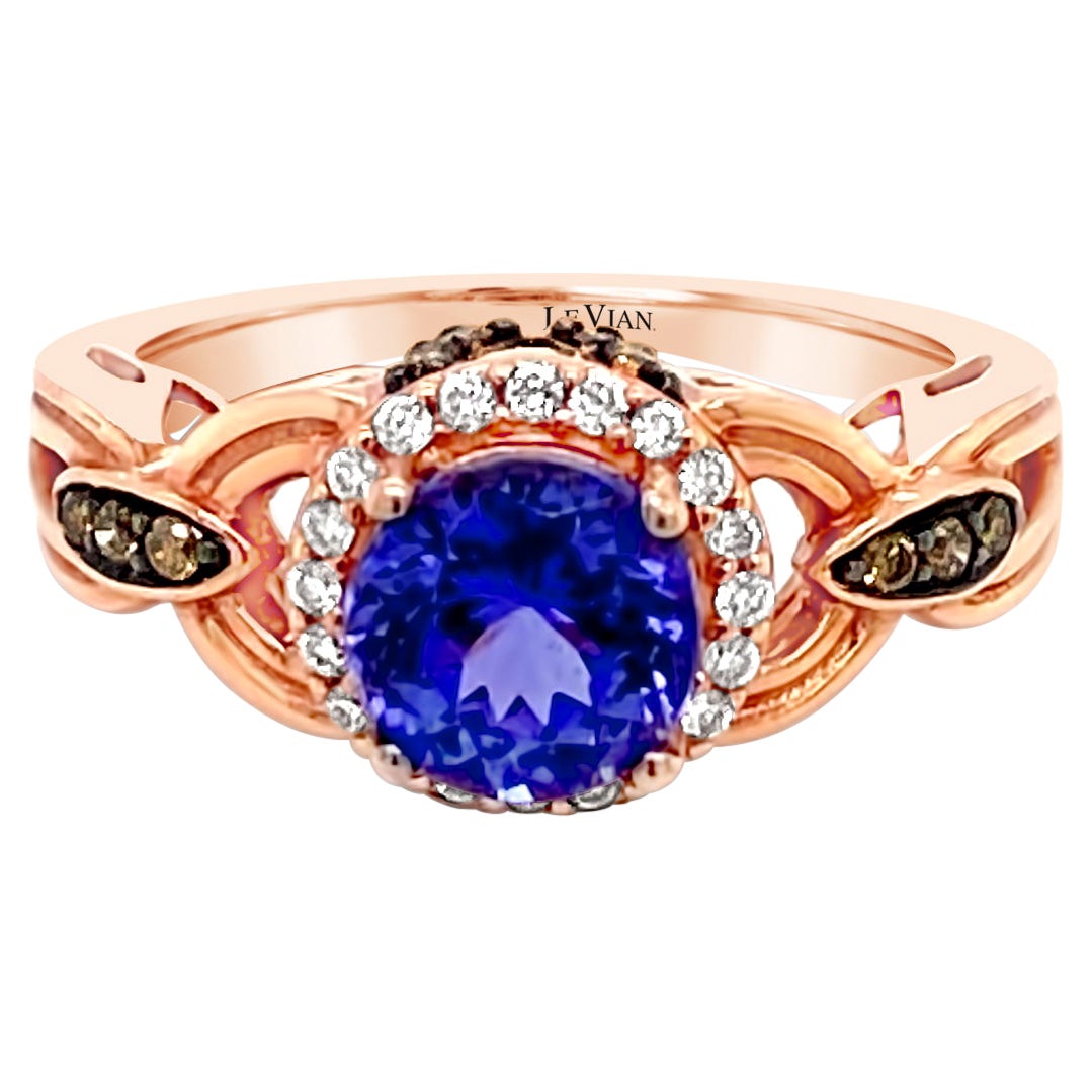 LeVian 14K Rose Gold Tanzanite Round Chocolate Brown Diamond Cocktail Halo Ring For Sale