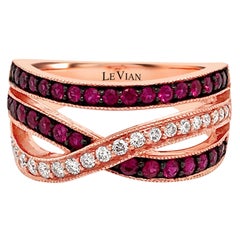 LeVian 14K Rose Gold Red Ruby Round Diamond Crossover Classic Cocktail Band Ring