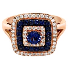 LeVian 14K Rose Gold Blue Sapphire Round Diamond Triple Halo Fancy Cocktail Ring