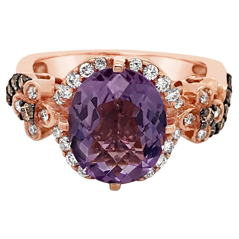 LeVian 14K Rose Gold Purple Amethyst Round Chocolate Brown Diamond Halo Ring For Sale