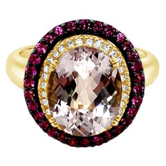LeVian 14K Yellow Gold Pink Kunzite Sapphire Round Diamond Double Halo Ring