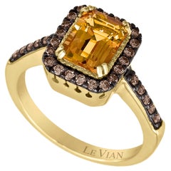LeVian 14K Yellow Gold Orange Citrine Gemstone Round Brown Diamond Halo Ring