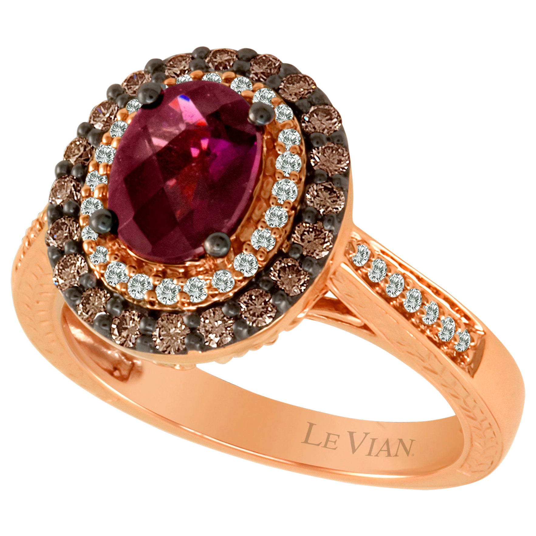LeVian 14K Rose Gold Rhodolite Chocolate Brown Diamond Double Halo Cocktail Ring For Sale