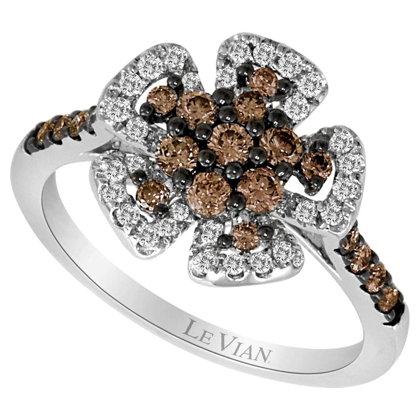 Belle et jolie bague fantaisie en or blanc 14 carats avec diamants ronds brun chocolat LeVian