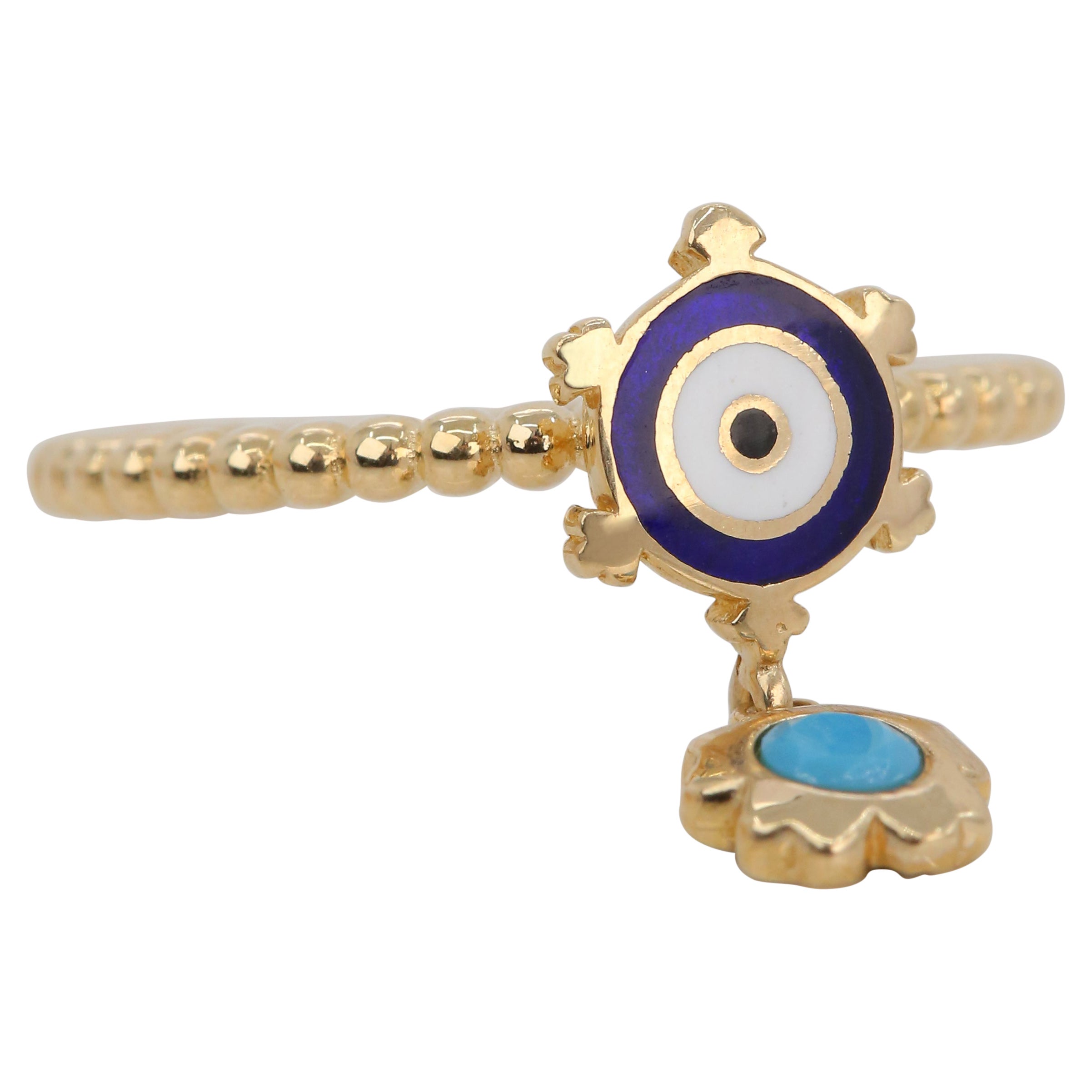 14K Gold Dainty Eye Enameled Rudder Ring with Turquoise Pendant