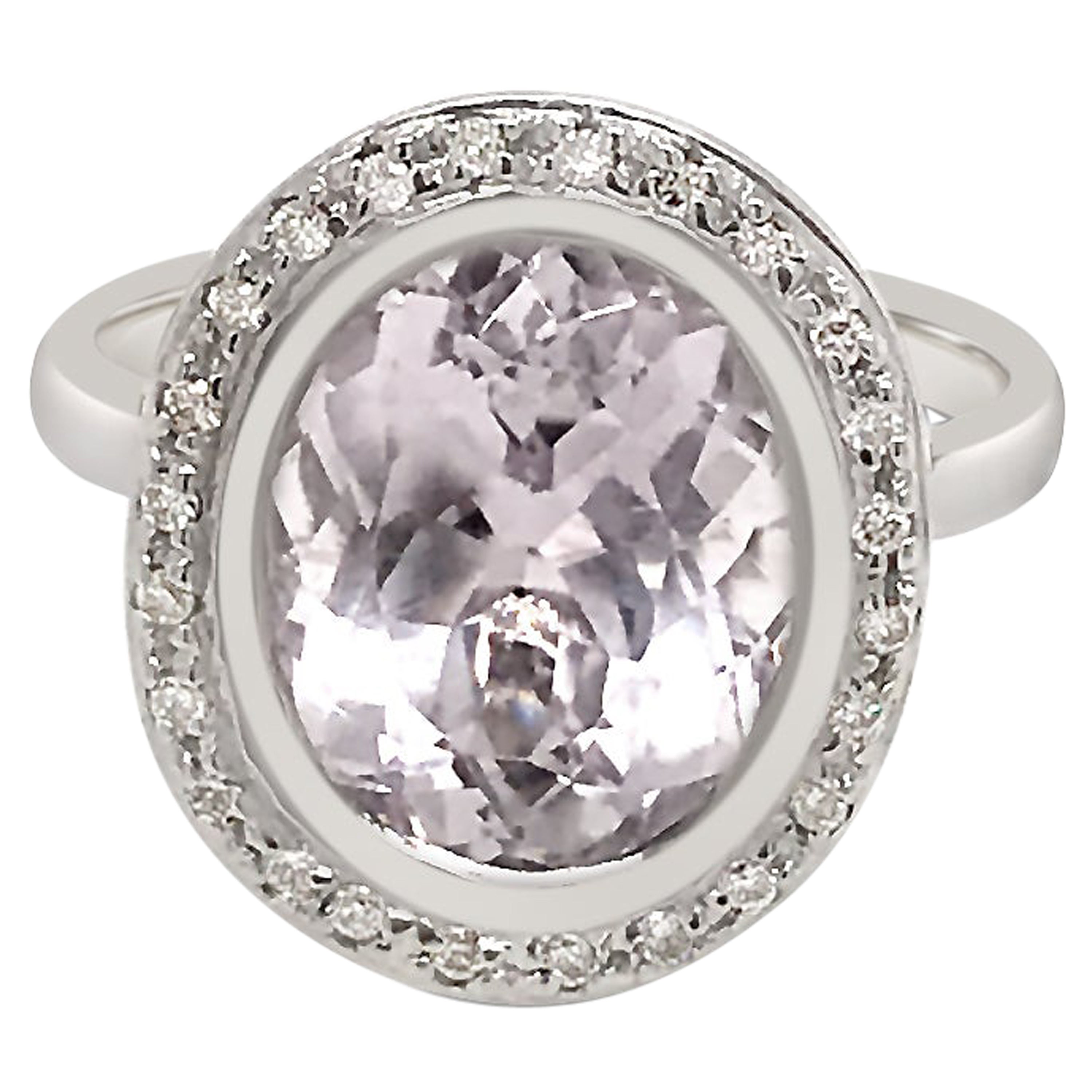 LeVian 14K White Gold Pink Kunzite Gemsonte Round Diamond Classy Halo Ring For Sale