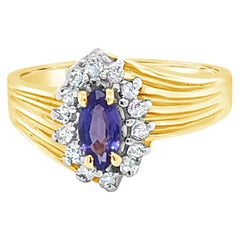 LeVian 14K Yellow Gold Marquise Blue Purple Tanzanite Round Diamond Halo Ring