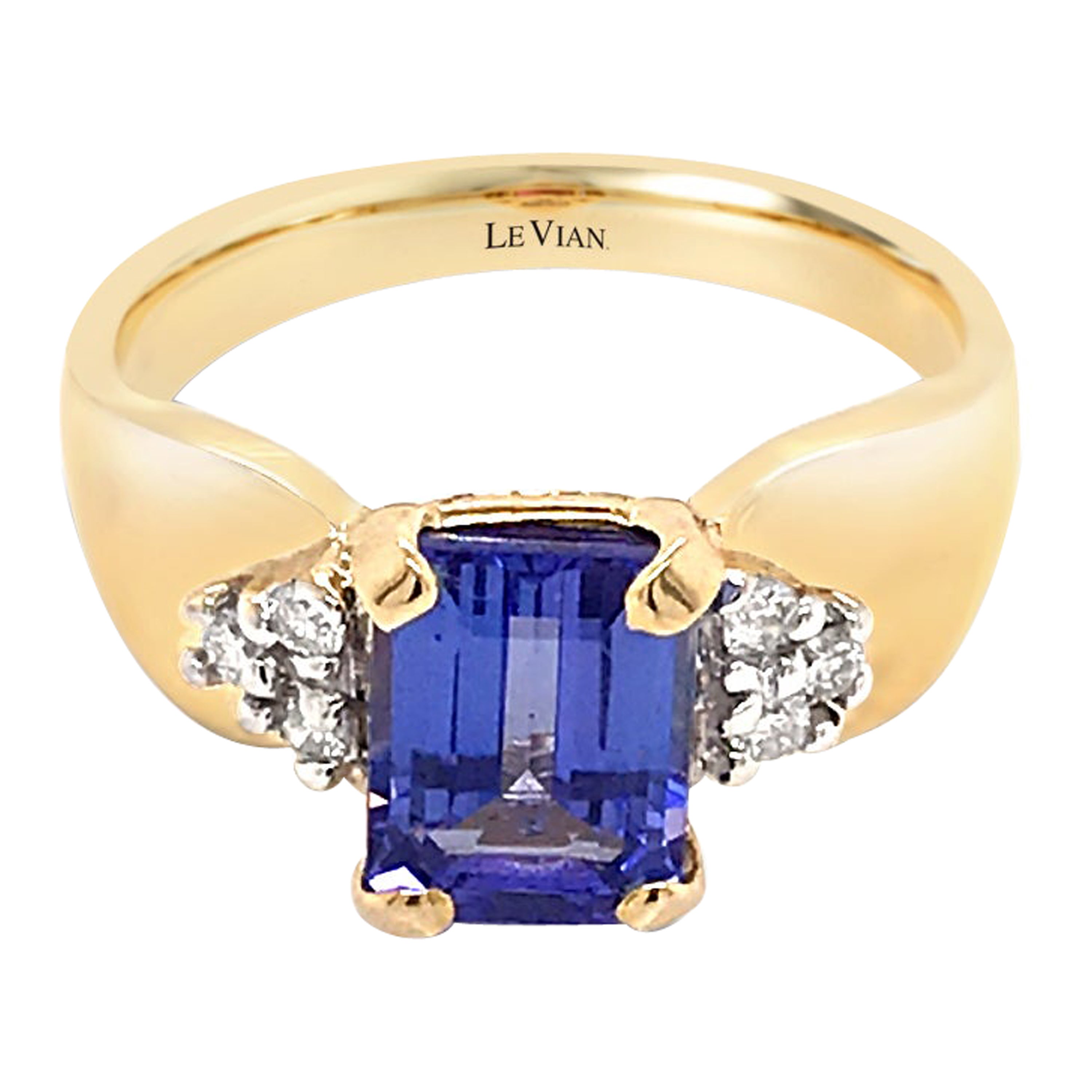 LeVian 14K Yellow Gold Purple Blue Tanzanite Gemstone Round Diamond Classy Ring For Sale