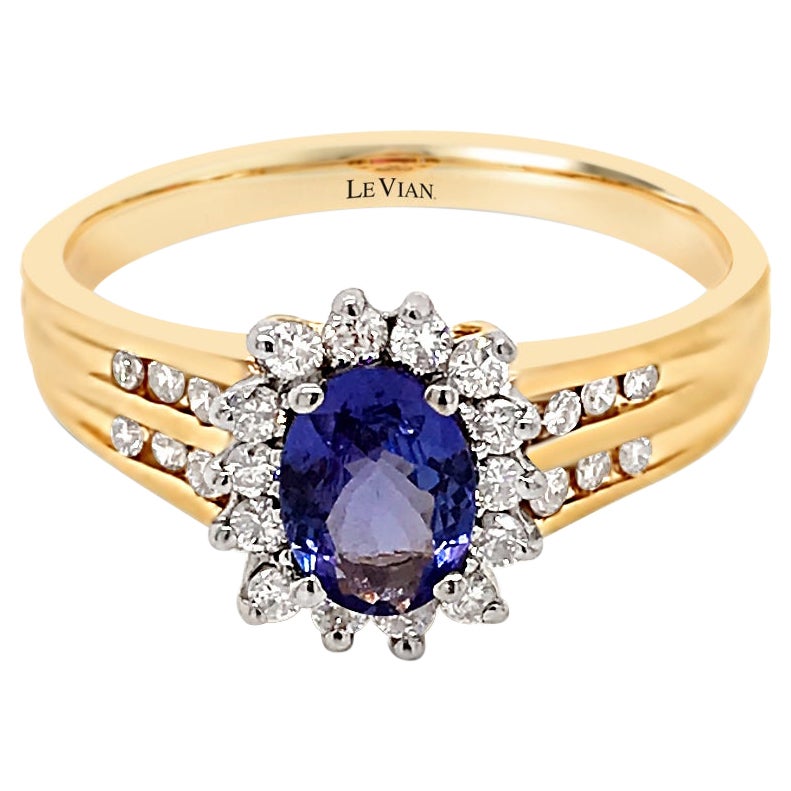 LeVian 14K Yellow Gold Blue Tanzanite Round Diamond Classy Halo Cocktail Ring For Sale